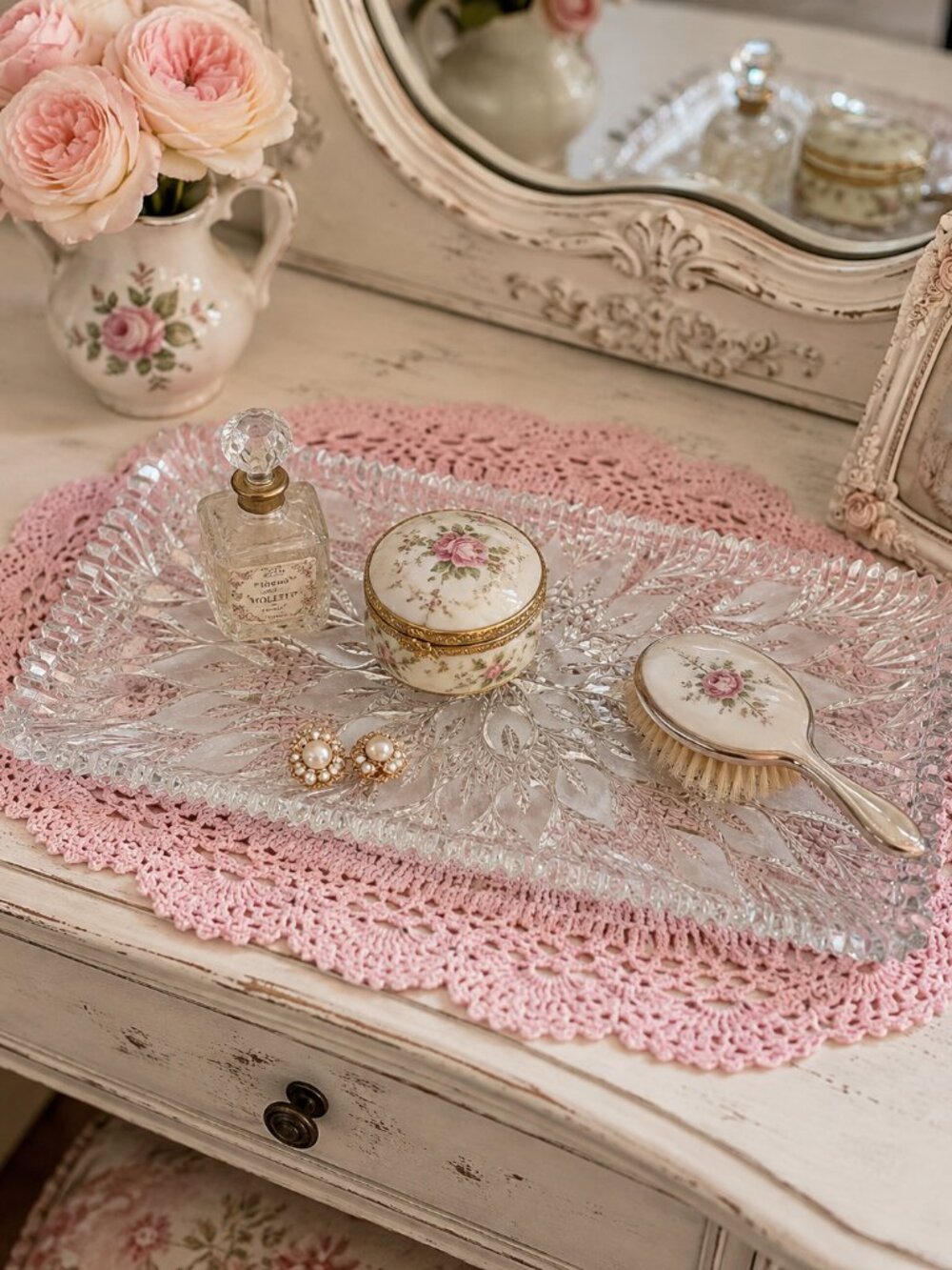 Vintage Pressed Glass Vanity Tray Floral Etched Design 13.5" x 6.25